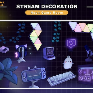 Animated Game Room Collections Twitch Stream Decoration, CPU, Keyboard, Hanging Plants, Plant Pot...