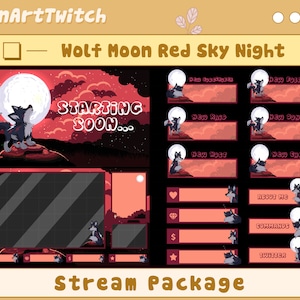 Animated Cute Wolf Moon Twitch Overlay Stream Package, Moon Sky Night Stream Overlay, Red and Black Theme Overlay For Streamer