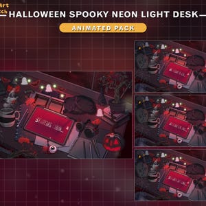 May include: Animated Halloween desktop scene with a spooky neon light desk. The desk has a laptop with the text "STARTING SOON..." on the screen, a cup of coffee, a spider web, a pumpkin, and other Halloween decorations.
