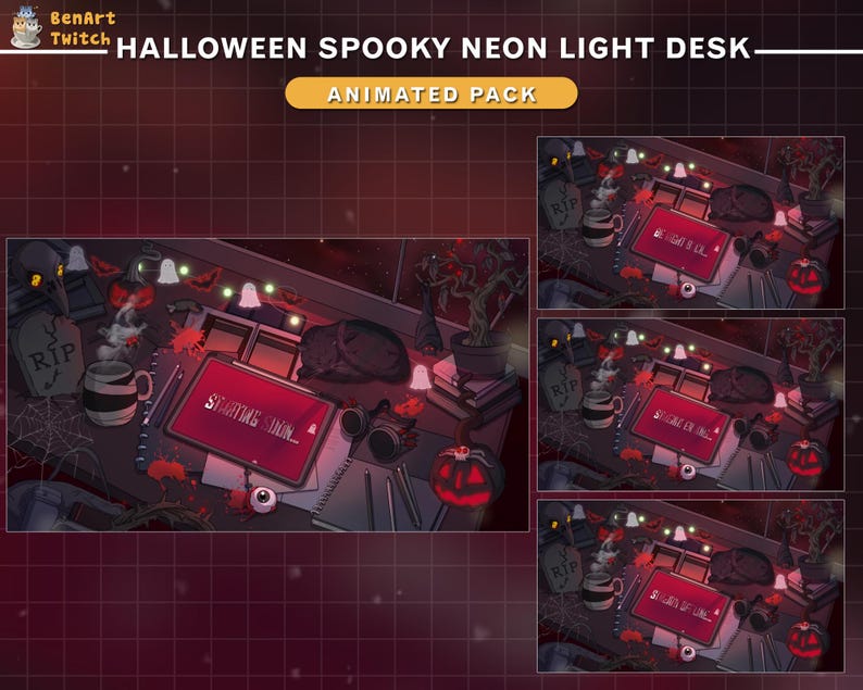 May include: Animated Halloween desktop scene with a spooky neon light desk. The desk has a laptop with the text "STARTING SOON..." on the screen, a cup of coffee, a spider web, a pumpkin, and other Halloween decorations.