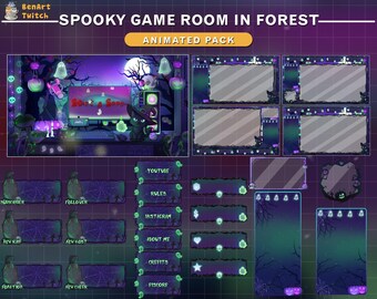 Animated Stream Package Game Room Halloween, Black Cat Witch Desk Twitch Overlay with Pumpkin, Spider, Skull...