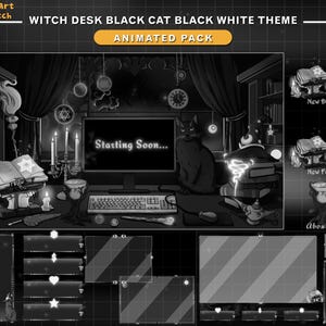Animated Witch Desk Black Cat Stream Package Black and White Theme, Mystic Twitch Overlay with Magic Books, Moon Starry Night...