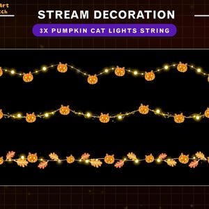 3x Animated Pumpkin Cat Light Strings Stream Decoration, Fall Twinkle Lights, Autumn Twitch Decoration with Maple, Leaves, Pumpkin...