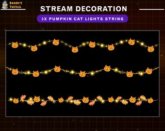 3x Animated Pumpkin Cat Light Strings Stream Decoration, Fall Twinkle Lights, Autumn Twitch Decoration with Maple, Leaves, Pumpkin...