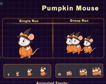 May include: Animated emote titled Pumpkin Mouse featuring a white mouse wearing a witch hat and pumpkin costume. The graphic displays a single run and a group run animation sequence with size variations of 28, 56, 112, and 128 pixels in a 2s GIF loop.