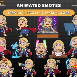 Animated Thor Twitch Emote Pack, Norse God of Thunder with Mjolnir and Lightning Effects, Chibi Superhero Emote for Twitch, Discord