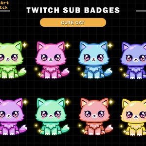 Insignias de suscripción de Twitch con un lindo gato arcoíris, insignias de Twitch con un gato, listas para usar en Twitch, Discord