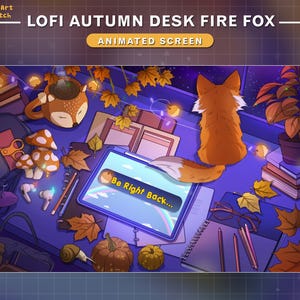 Animated Stream Screens Fall Fox Lofi Desk, Autumn Twitch Overlay with Cute Fox, Maple, PC Setup, Twinkle Lights...
