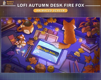 Animated Stream Screens Fall Fox Lofi Desk, Autumn Twitch Overlay with Cute Fox, Maple, PC Setup, Twinkle Lights...