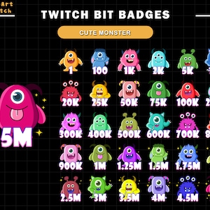 30x Cute Monsters Twitch Bit Badges, Halloween Twitch Badges, Complete Twitch Bit Badges Set, Twitch Subscribe Package, Number Bit Badges