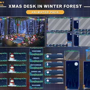 Animated Stream Package Christmas Desk in Winter Forest, Christmas Twitch Overlay with Laptop, Christmas Lights, Tree, Candle, Snow man...