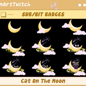 Cute Moon Black Cat Twitch Sub Badges, Star Bit Badges, Cosmic Sparkle Ready To Use for chat emotes discord