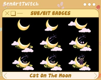 Cute Moon Black Cat Twitch Sub Badges, Star Bit Badges, Cosmic Sparkle Ready To Use for chat emotes discord