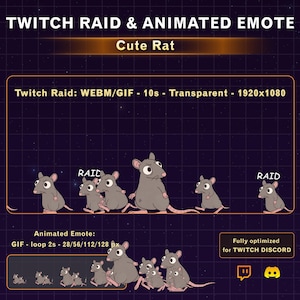 May include: Animated Twitch emote of a cute grey rat. The image includes the text "TWITCH RAID & ANIMATED EMOTE" and "Cute Rat". The emote is designed for Twitch and Discord, with options for GIF and WEBM formats.