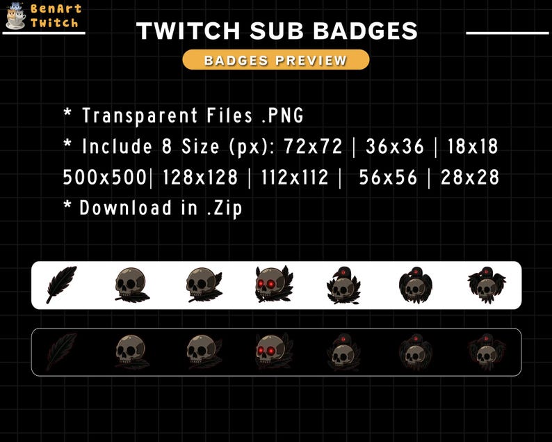 May include: A black graphic with the text "TWITCH SUB BADGES" and "BADGES PREVIEW". The image displays several skull and feather designs, along with size specifications for transparent PNG files, including 72x72, 36x36, and 18x18 pixels.