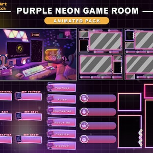 Animated Twitch Overlay Cozy PC Room Purple Pink Theme, Neon Game Room Stream Package, Retro Twitch Overlay, Stream Desk Twitch Overlay