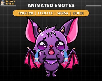 Puede incluir: Emoticono animado de un murciélago morado con orejas y alas rosas, llorando lágrimas azules. El murciélago se está sosteniendo la cara con las manos y tiene una expresión de sorpresa. El texto "ANIMATED EMOTES" está en la parte superior de la imagen, y el texto "128X128 | 112X112 | 56X56 | 28X28" está debajo.