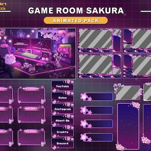 Pacote de transmissão de sala de jogos de sobreposição animada Twitch Cherry Blossom PC Room, estética Lo-fi Pink Sakura com Sakura caindo, café, céu noturno