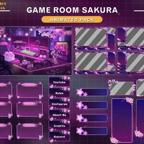 Salle PC animée Twitch Overlay Cherry Blossom, ensemble de flux de salle de jeu Sakura rose Lo-fi esthétique avec chute de Sakura, café, ciel nocturne