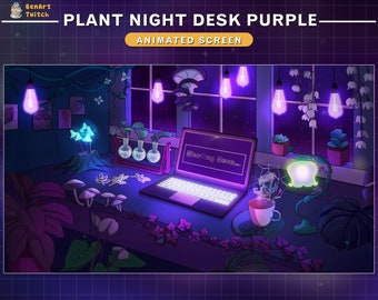 Pantallas animadas de Twitch, plantas de sala de juegos de color morado, pantallas de transmisión de sala de baja fidelidad con computadora portátil, cielo nocturno, árboles...