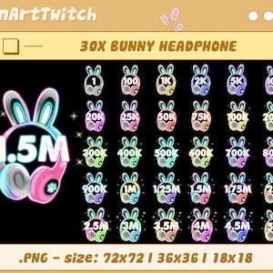 30x Bunny Headphone Twitch Sub Bit Badges, Bunny Sub Badges, Complete Twitch Bit Badges Set, Twitch Abonneer Pakket, Number Bit Badges