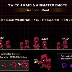 Könnte beinhalten: Animierter Twitch-Emote mit Deadpool-Charakteren im Raid-Thema. Das Bild enthält den Text "TWITCH RAID & ANIMATED EMOTE" und "Deadpool Raid". Der Emote ist für Twitch und Discord optimiert.
