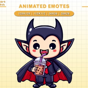 May include: Animated emote of a cartoon vampire wearing a black suit and red cape, drinking a bubble tea with a straw. The vampire has a friendly expression and large eyes. The background is a yellow grid.