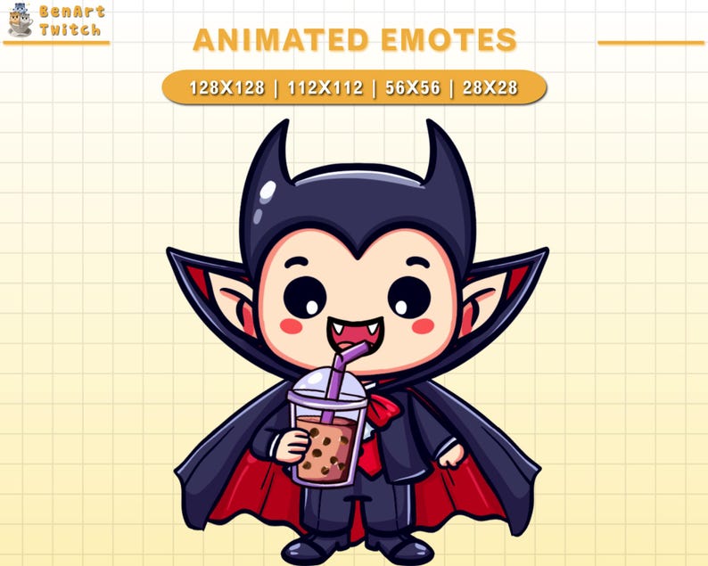 May include: Animated emote of a cartoon vampire wearing a black suit and red cape, drinking a bubble tea with a straw. The vampire has a friendly expression and large eyes. The background is a yellow grid.