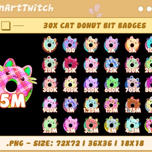 30x Cat Donuts Twitch Sub Bit Badges, Complete Twitch Bit Badges Set, Twitch Subscribe Package, Number Bit Badges