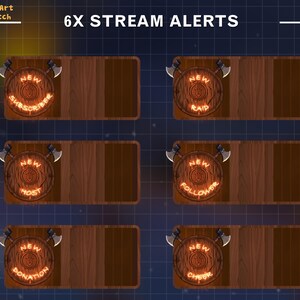 Puede incluir: Seis gr&aacute;ficos de alerta de transmisi&oacute;n de Twitch con un fondo de madera y un c&iacute;rculo de ne&oacute;n brillante con texto en su interior. El texto dice "Nuevo suscriptor", "Nuevo raid", "Nuevo anfitri&oacute;n", "Nuevo seguidor", "Nueva donaci&oacute;n" y "Nuevo cheer".
