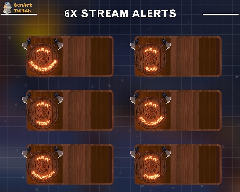 Puede incluir: Seis gr&aacute;ficos de alerta de transmisi&oacute;n de Twitch con un fondo de madera y un c&iacute;rculo de ne&oacute;n brillante con texto en su interior. El texto dice "Nuevo suscriptor", "Nuevo raid", "Nuevo anfitri&oacute;n", "Nuevo seguidor", "Nueva donaci&oacute;n" y "Nuevo cheer".