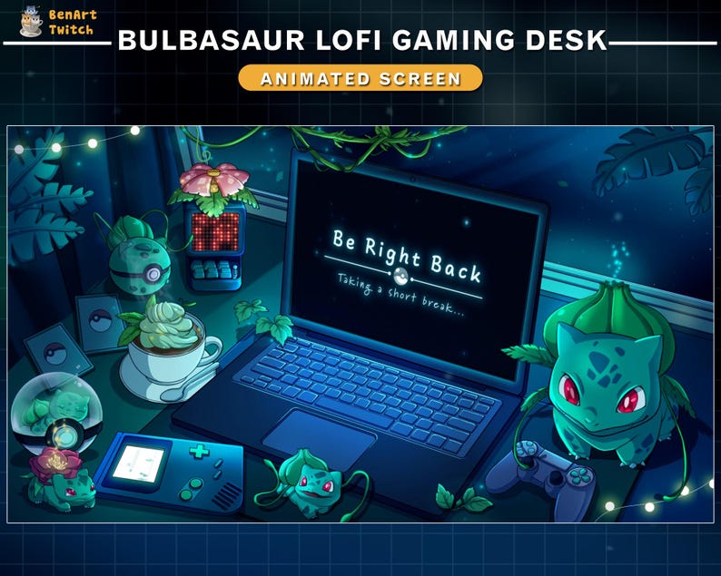 Bulbasaur animerat Twitch-överläggspaket, mysigt Lofi-spelskrivbordsströmpaket, söt Pokémon-Twitch-layout för streamers bild 13