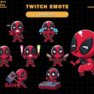 May include: A set of 8 Twitch emotes featuring a red and black Deadpool character in various poses. The emotes include Deadpool crying, playing music, holding a gun, and holding a hammer. The text "TWITCH EMOTE DEADPOOL" is at the top of the image.