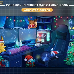 May include: An animated illustration of a Christmas-themed gaming room featuring Pok&eacute;mon characters. Pikachu and Eevee are visible, along with a Christmas tree, presents, and a gaming setup. The room is decorated with string lights and a snowy window view. Text on the image reads "Pokemon in Christmas Gaming Room".