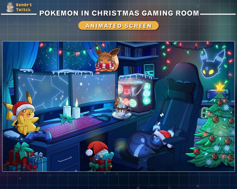 May include: An animated illustration of a Christmas-themed gaming room featuring Pok&eacute;mon characters. Pikachu and Eevee are visible, along with a Christmas tree, presents, and a gaming setup. The room is decorated with string lights and a snowy window view. Text on the image reads "Pokemon in Christmas Gaming Room".
