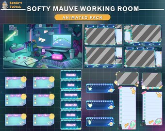 Superposición animada de Twitch Sala de trabajo Softy Mauve, paquete de transmisión de escritorio Neon Lo-fi, superposición retro de Twitch, superposición de patada
