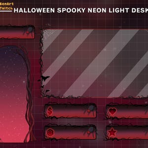 May include: Halloween themed Twitch stream overlay with a spooky neon light desk. The overlay features a red and black color scheme with a large, glowing archway in the background. There are several smaller panels for displaying information, such as the streamer's name, the game they are playing, and their social media links.