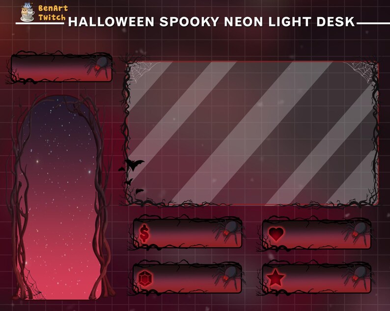 May include: Halloween themed Twitch stream overlay with a spooky neon light desk. The overlay features a red and black color scheme with a large, glowing archway in the background. There are several smaller panels for displaying information, such as the streamer's name, the game they are playing, and their social media links.