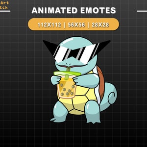 Animated Twitch Emote Squirtle Drinks Boba Tea, Cute Turles Twitch Emotes, Cute Emotes For Twitch, Discord, Graphics For Streamer