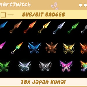 May include: A set of 18 digital badges featuring a crossed pair of kunai, a Japanese throwing knife. The badges are in various colors, including green, blue, red, orange, purple, and silver. The text "SUB/BIT BADGES" and "18x Japan Kunai" are displayed on the image.
