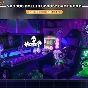 Op de afbeelding: Geanimeerd scherm met een spookachtige gamekamer met een voodoopop, schedel en kat. De kamer is ingericht in paarse en groene tinten, met een computeropstelling en de tekst "Starting Soon" op de monitor. Een digitale klok geeft 12:20 aan.