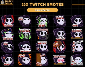 Paquete de 20 gestos de Twitch de Grim Reaper, lindos gestos de transmisión de Grim Reaper, listos para usar para Twitch, gestos de chat