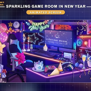 Puede incluir: Una sala de juegos brillante decorada para la víspera de Año Nuevo. La sala cuenta con una silla de juego, una computadora, una consola de juegos, un pastel y decoraciones de fiesta. El texto en la pantalla de la computadora dice "STARTING SOON... THANKS FOR WAITING".