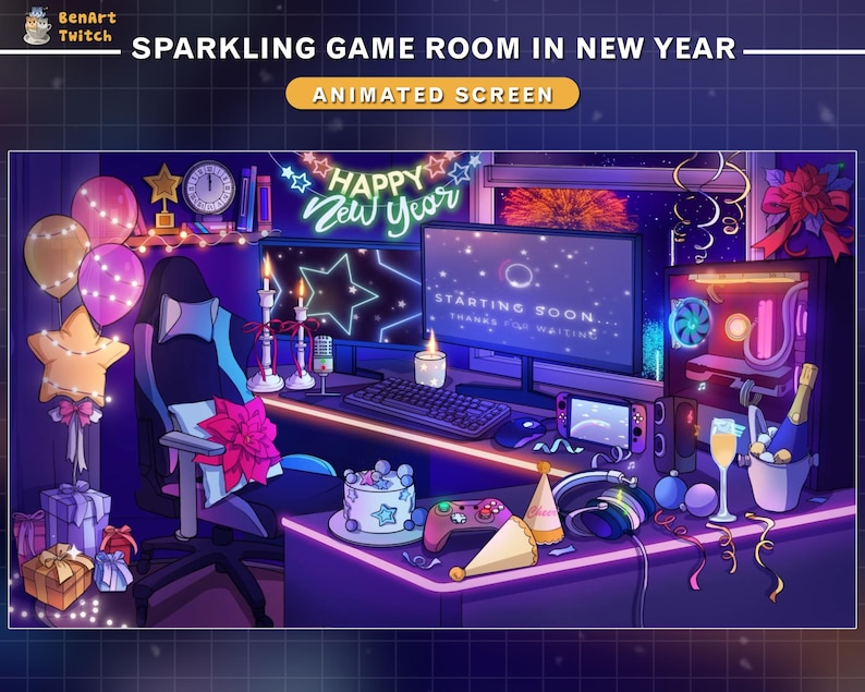 May include: A sparkling game room decorated for New Year's Eve. The room features a gaming chair, a computer, a gaming console, a cake, and party decorations. The text on the computer screen reads "STARTING SOON... THANKS FOR WAITING".