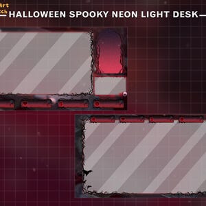May include: Halloween themed Twitch stream overlay with a spooky neon light design. The overlay features a red and black color scheme with a dark background and a white grid pattern. The overlay includes a large rectangular space for a webcam feed, a smaller rectangular space for a chat window, and several smaller rectangular spaces for alerts and other information.