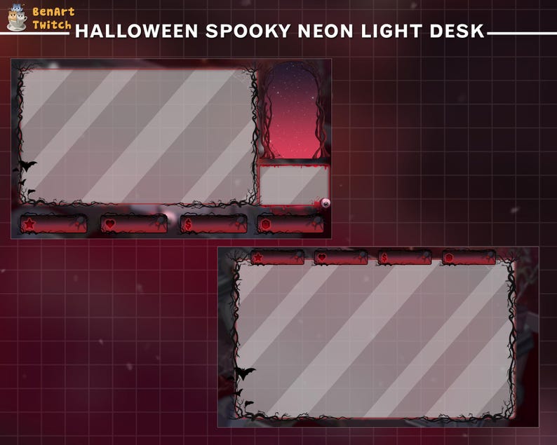 May include: Halloween themed Twitch stream overlay with a spooky neon light design. The overlay features a red and black color scheme with a dark background and a white grid pattern. The overlay includes a large rectangular space for a webcam feed, a smaller rectangular space for a chat window, and several smaller rectangular spaces for alerts and other information.