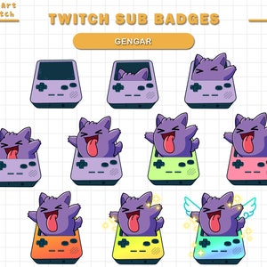 Puede incluir: Un conjunto de 10 insignias de suscripci&oacute;n de Twitch con un personaje de Pok&eacute;mon Gengar morado en un marco estilo Game Boy. Las insignias son de diferentes colores, incluyendo morado, verde, rosa, naranja, amarillo y azul. Las insignias est&aacute;n dise&ntilde;adas para que los streamers de Twitch recompensen a sus suscriptores.