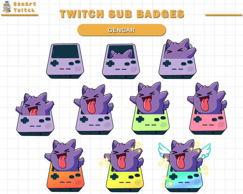 Puede incluir: Un conjunto de 10 insignias de suscripci&oacute;n de Twitch con un personaje de Pok&eacute;mon Gengar morado en un marco estilo Game Boy. Las insignias son de diferentes colores, incluyendo morado, verde, rosa, naranja, amarillo y azul. Las insignias est&aacute;n dise&ntilde;adas para que los streamers de Twitch recompensen a sus suscriptores.