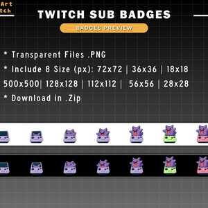 Puede incluir: Un conjunto de ocho insignias de suscripci&oacute;n de Twitch moradas y verdes que presentan un personaje de dibujos animados en una consola de videojuegos. Las insignias est&aacute;n disponibles en ocho tama&ntilde;os diferentes, que van desde 18x18 p&iacute;xeles hasta 500x500 p&iacute;xeles. El texto de la imagen dice "Twitch Sub Badges" y "Vista previa de las insignias".