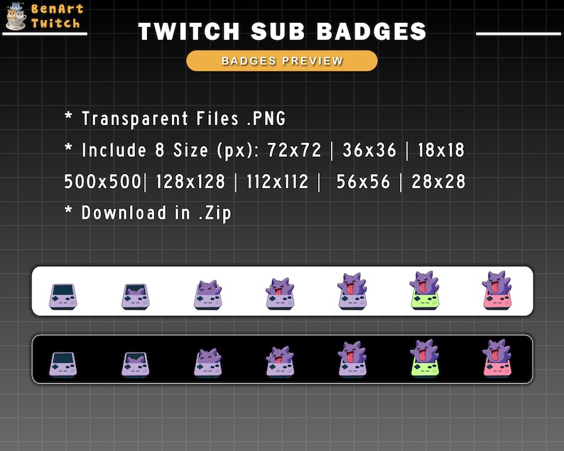 Puede incluir: Un conjunto de ocho insignias de suscripci&oacute;n de Twitch moradas y verdes que presentan un personaje de dibujos animados en una consola de videojuegos. Las insignias est&aacute;n disponibles en ocho tama&ntilde;os diferentes, que van desde 18x18 p&iacute;xeles hasta 500x500 p&iacute;xeles. El texto de la imagen dice "Twitch Sub Badges" y "Vista previa de las insignias".